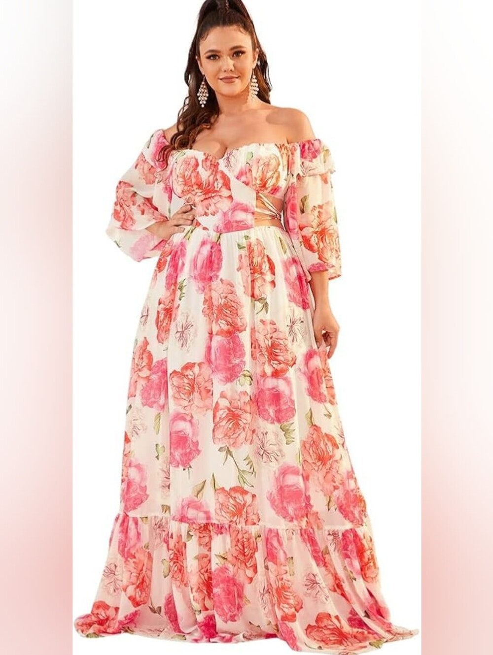 Plus Size One-Shoulder Floral Maxi Dress in Pink